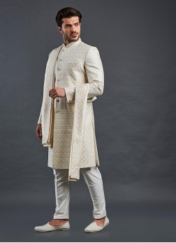 Cream Thread Embroidered Groom Sherwani Set