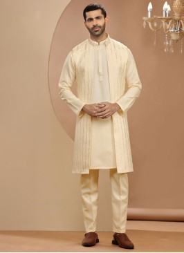 Cream Thread Embroidered Indowestern Set In Silk