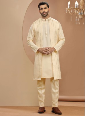 Cream Thread Embroidered Indowestern Set In Silk