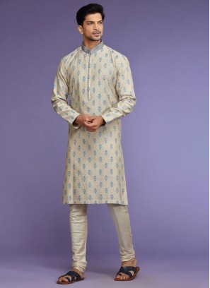 Cream Thread Embroidered Kurta Pajama For Men