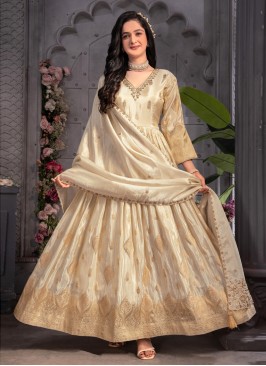 Cream Tissue Fabric Trendy Anarkali With Dupatta