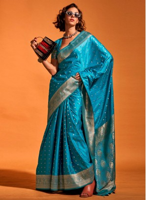 Designer Dark Aqua Blue Weaving Satin Silk Saree