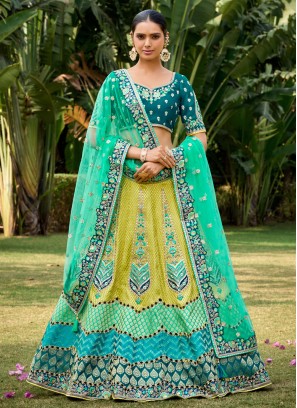 Silk Yellow Green Wedding Wear Embroidered Lehenga Choli