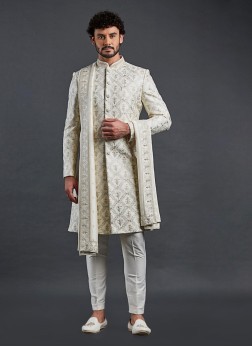 Dark Beige Thread Embroidered Groom Sherwani Set