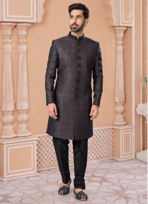 Dark Blue And Black Thread Embroidered Indowestern Set