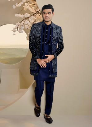 Dark Blue Designer Jacket Style Indowestern Set In Velvet