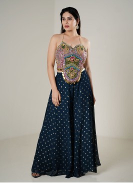 Dark Blue Embroidered Indowestern Palazzo Crop Top Set