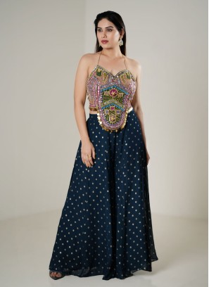 Dark Blue Embroidered Indowestern Palazzo Crop Top Set