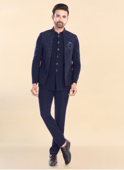 Dark Blue Embroidered Jodhpuri Suit With Jacket
