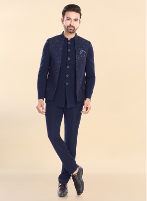 Dark Blue Embroidered Jodhpuri Suit With Jacket