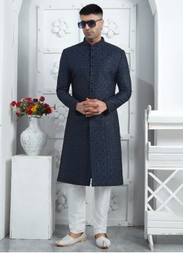 Dark Blue Embroidered Sherwani For Wedding