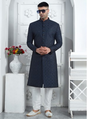 Dark Blue Embroidered Sherwani For Wedding