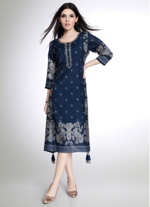 Dark Blue Kurti In Cotton Silk With Print