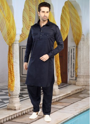 Dark Blue Slub Cotton Pathani Kurta Set