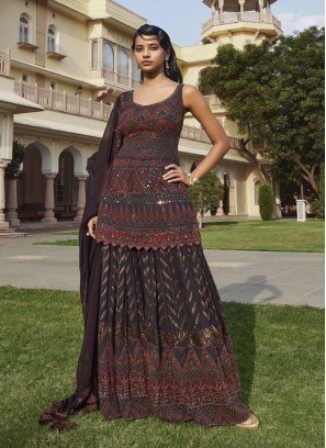 Dark Brown Embroidered Georgette Palazzo Set