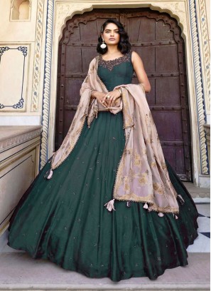 Dark Green Flared Silk Anarkali Dress With Organza Dupatta