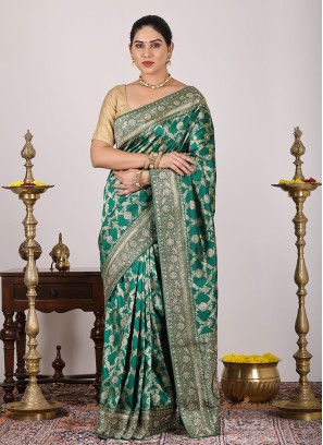 Dark Green Banarasi Silk Saree With Unstitched Blouse Material