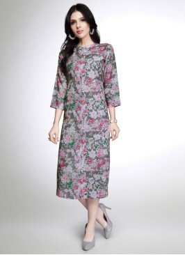 Dark Grey Cotton Silk Kurti With Floral Print