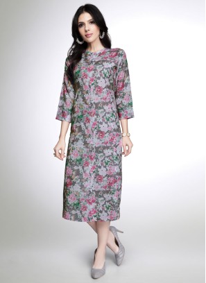 Dark Grey Cotton Silk Kurti With Floral Print