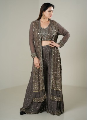 Dark Grey Embroidered Palazzo Crop-Top Set In Georgette With Shrug