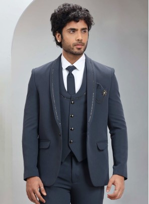 Dark Grey Tuxedo Set With Stone Embroidered Detail