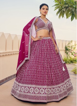 Dark Magenta Chiffon Sequins Embroidered Lehenga Choli