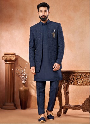 Dark Navy Blue Embroidered Jacket Style Indowestern Set