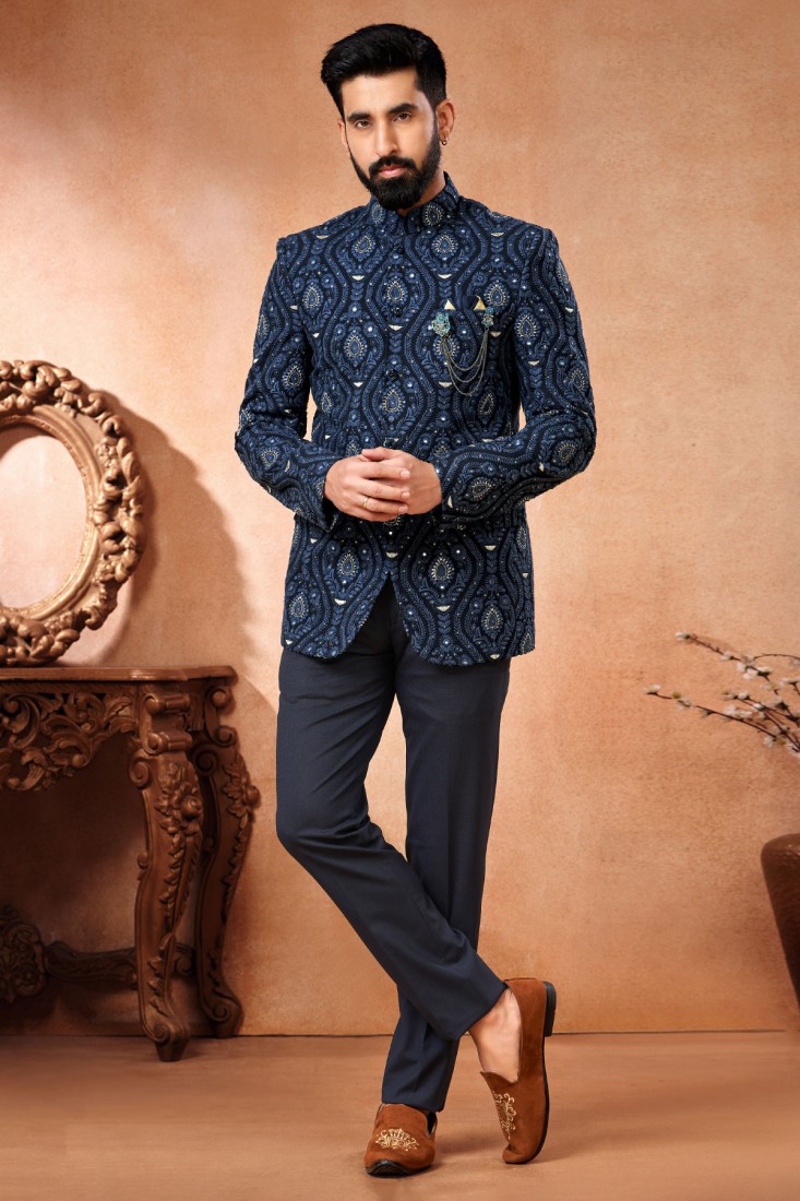 Indian Hand Embroidered Collar Jodhpuri Suit, Men Navy Blue Luxury Formal  Fashion Man Wedding Party Wear Groom Suit, Designer Jodhpuri Suit - Etsy