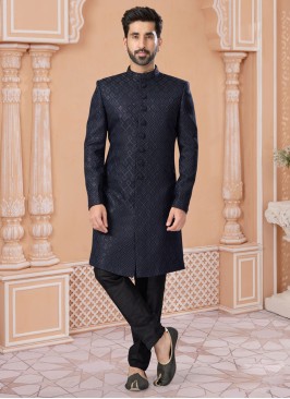 Dark Navy Blue Thread Embroidered Indowestern Set