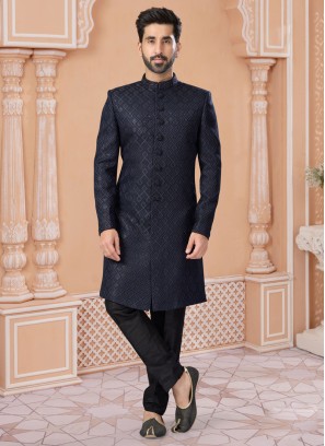 Dark Navy Blue Thread Embroidered Indowestern Set