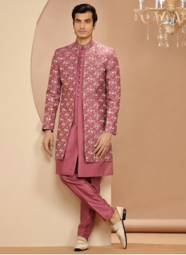 Dark Onion Pink Jacket Style Indowestern Set With Embroidery
