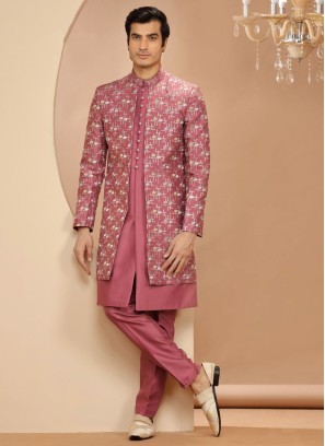 Dark Onion Pink Jacket Style Indowestern Set With Embroidery