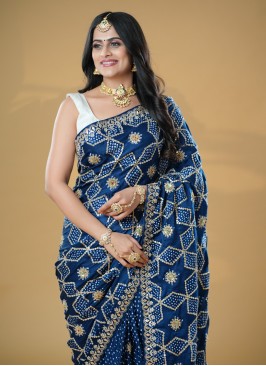 Dark Peacock Blue Pure Gajji Silk Saree