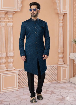 Dark Peacock Blue Thread Embroidered Indowestern Set