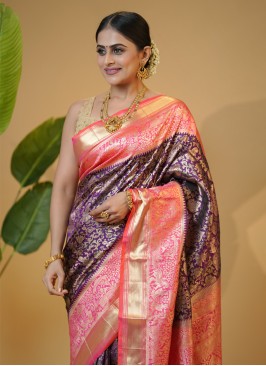 Dark Purple And Peach Kanjivaram Silk Wedding Saree