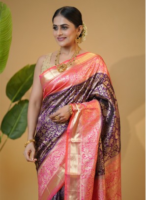 Dark Purple And Peach Kanjivaram Silk Wedding Saree