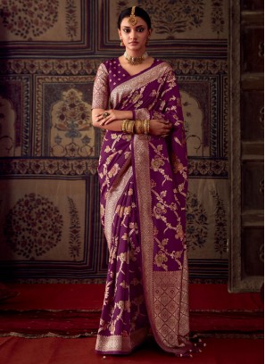 Delightful Dark Purple Banarasi Crepe Saree