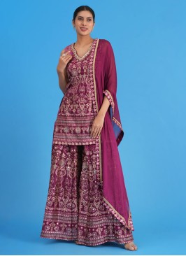 Dark Purple Printed Palazzo Set With Zari Embroidery