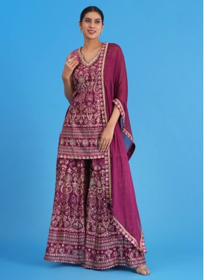 Dark Purple Printed Palazzo Set With Zari Embroidery