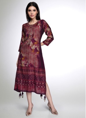 Dark Purple Readymade Muslin Silk Printed Kurti