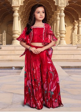 Dark Red Silk Top And Palazzo Set With Jacket