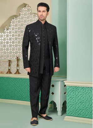 Dashing Black Silk Jacket Style Indowestern For Men