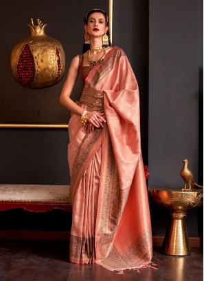 Mesmerizing Dark Peach Color Handloom Silk Woven Saree