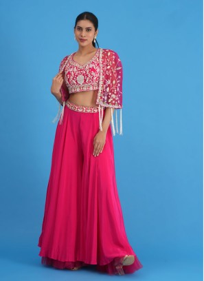 Deep Pink Crop Top Palazzo Set With Embroidered Shrug