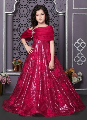 Deep Pink Designer Gown In Net With Sequins
