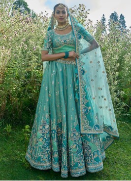 Powder Blue Embroidered Silk Lehenga Choli