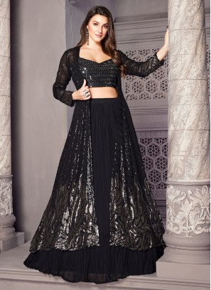 Stunning Black Embroidered Lehenga Choli With Shimmer Jacket