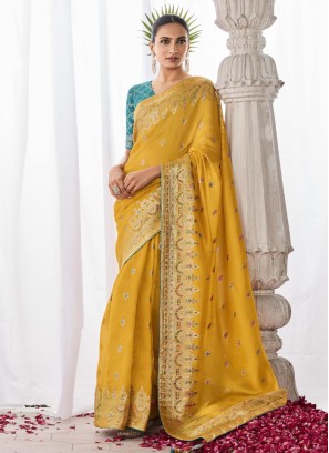 Delightful Mustard Yellow Kora Silk Saree