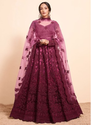 Maroon Thread Embroidered Designer Net Lehenga Choli