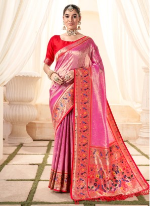 Pink Handloom Silk Designer Paithani Saree